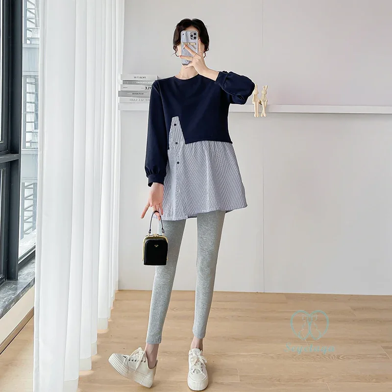 Striped Cotton Patchwork Maternity Blouses Spring Fashion Shirts Clothes for Pregnant Women Loose Pregnancy Tees Tops