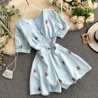 Summer Women's Jumpsuit Korean Vacation Style V-neck Print High-waisted Wide-leg Jumpsuit New Female Slim Jumpsuits DE651 - Image 2