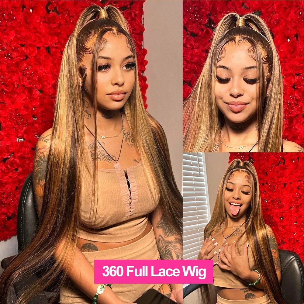 360 Full Lace Wig 250 Density Highlight Human Hair Bone Straight HD Preplucked