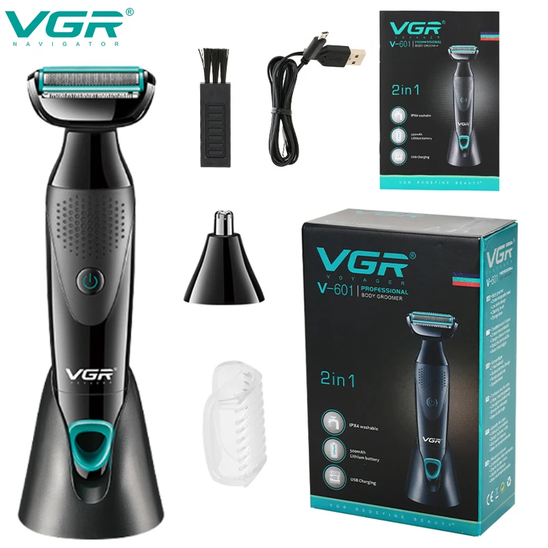 VGR 2u1 trimer za tijelo za muškarce i žene, perivi električni brijač za bradu, punjivi, za njegu nosa i ušiju, mokro i suho brijanje_voghion.com