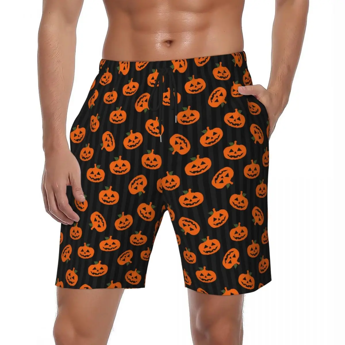 

Halloween Pumpkin Board Shorts Summer Stripes Print Sports Beach Shorts Male Quick Dry Hawaii Printed Large Size Beach Trunks