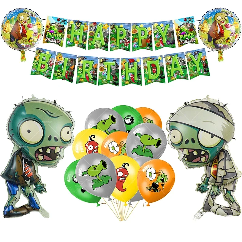 Cartoon Game Party Decor Set with Balloons, Banner, and Tableware
