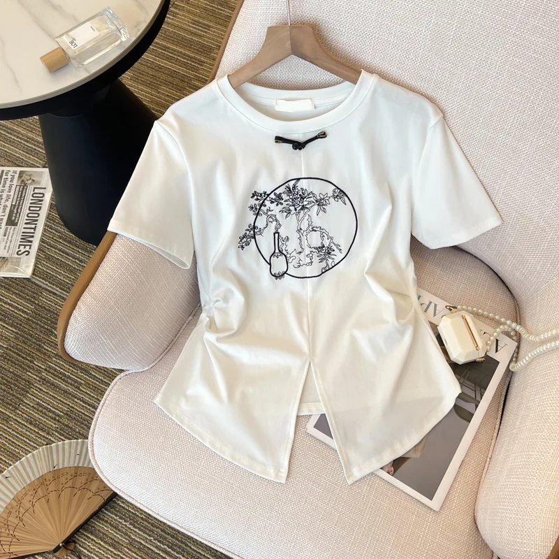 

Футболка женская базовая с вышивкой, свободная Простая рубашка с коротким рукавом в китайском стиле, милая смешная Студенческая одежда в стиле Харадзюку, на лето