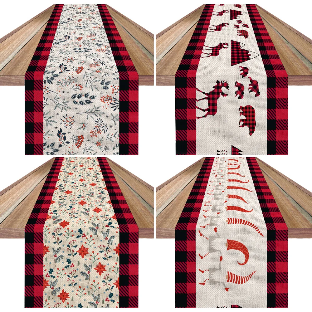 

New Plaid Dwarf Christmas Table Runner Wedding Home Decoration Fabric Printing Cushion Encryption Linen Insulation