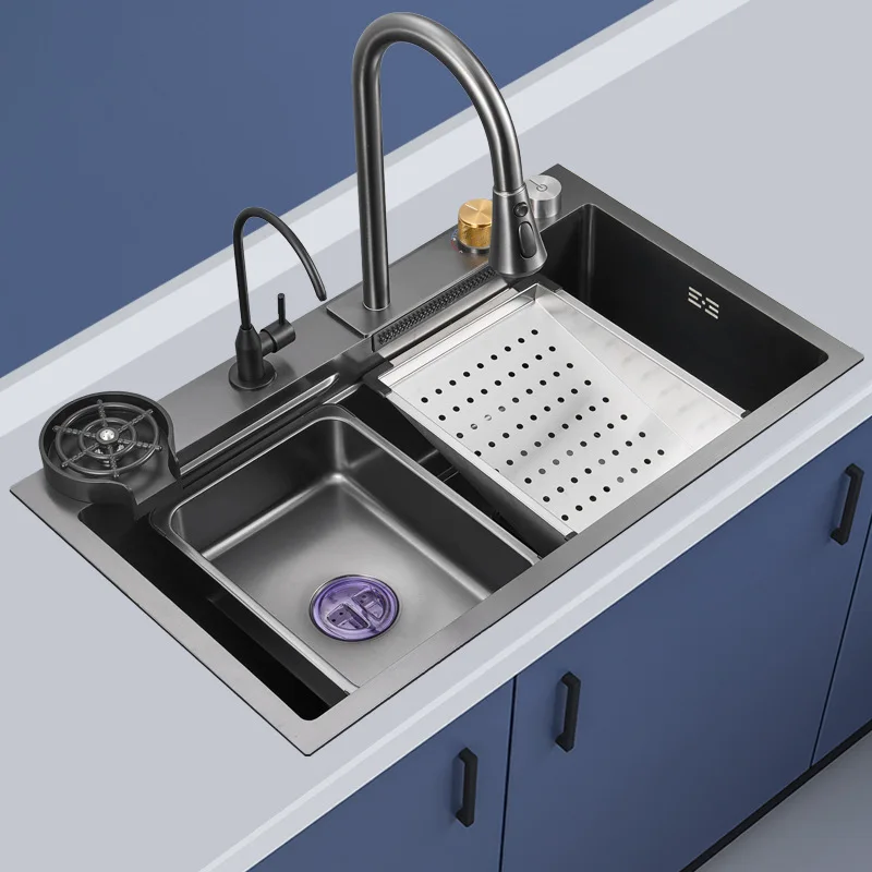 

Hand-made Nano Black King Kong Flying Rain Waterfall kitchen Sink Single Trough Thickened Dishwasher Basin Kitchen sink Set