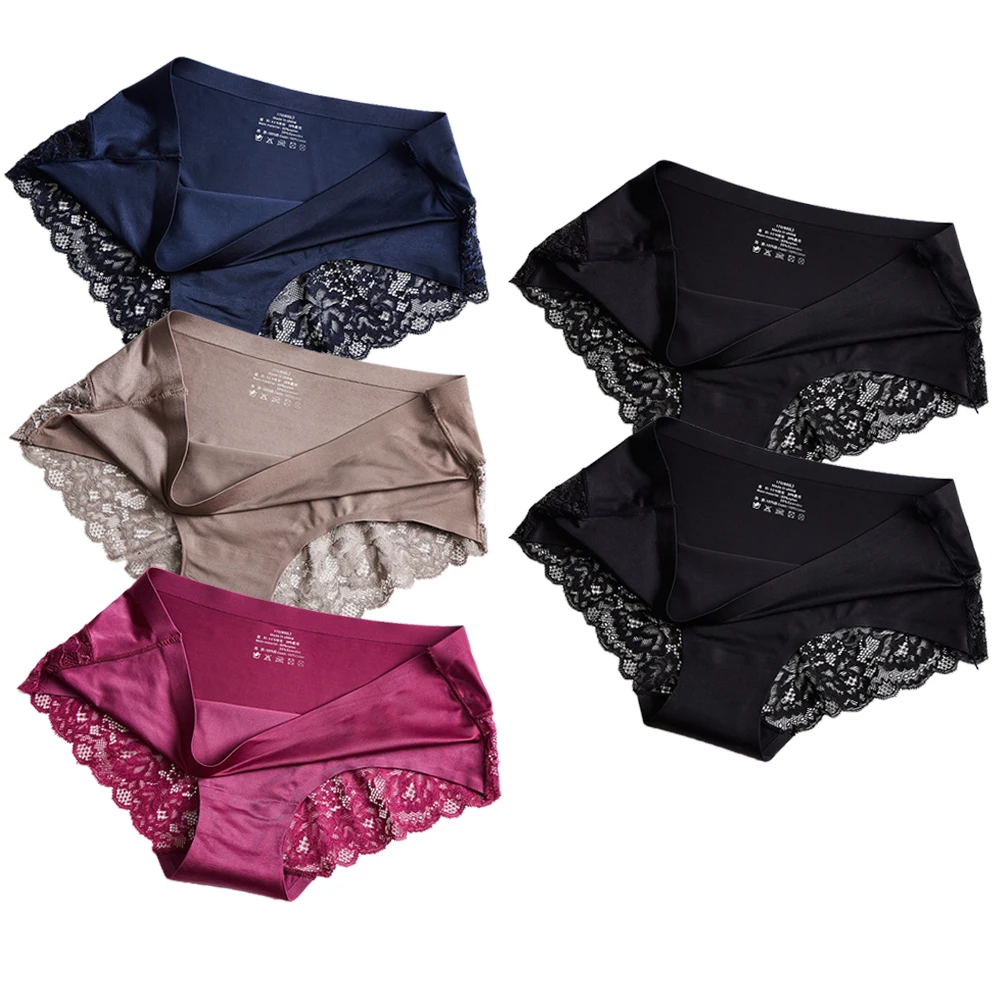 Sexy Lace Briefs For Women Mid Waist Stretchy Breathable Sleamless Ice Silk Intimates Panties Lingerie Female Underwear 5PCS/Set
