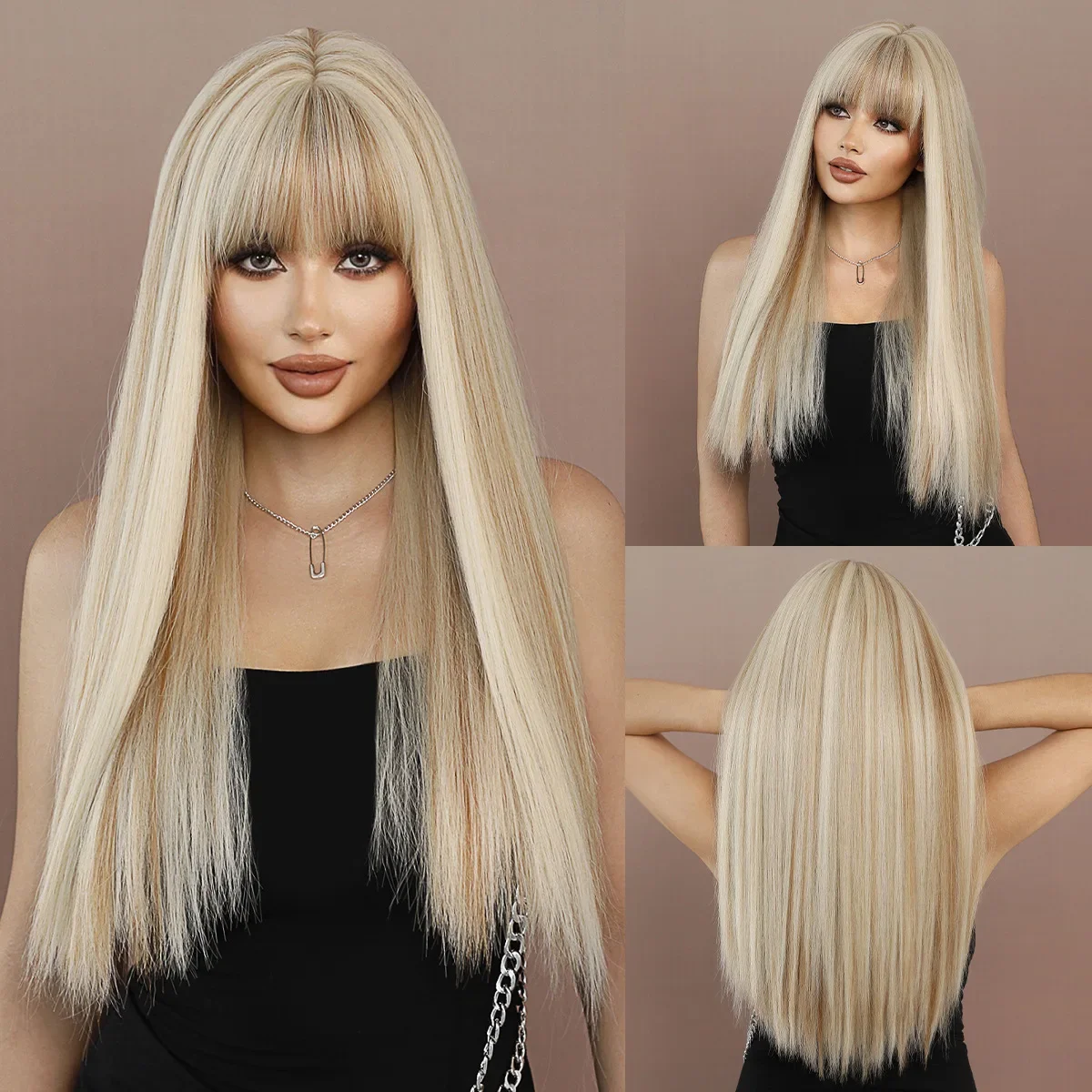 

26“ Long Omber 9Style mix Blonde Brown Gradient Color Women’s Straight Hair Wig with Bangs for Halloween Christmas Wigs