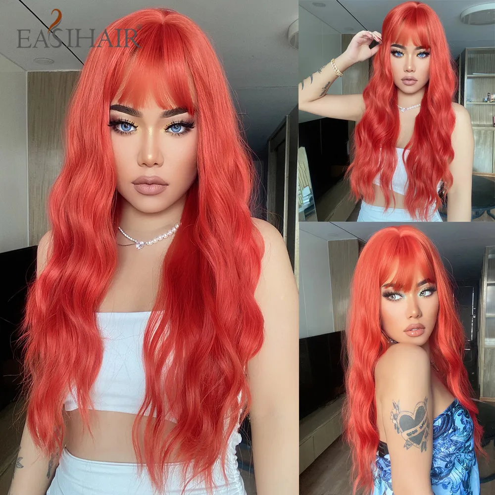 EASIHAIR Parrucche sintetiche lunghe e ondulate viola con frangia per donne Parrucca colorata per feste di cosplay di Halloween Fibra resistente al calore_voghion.com