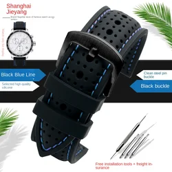 Breathable Silicone Sports Watchband - Soft Waterproof Wrist Strap - 24mm (Black Blue Black)