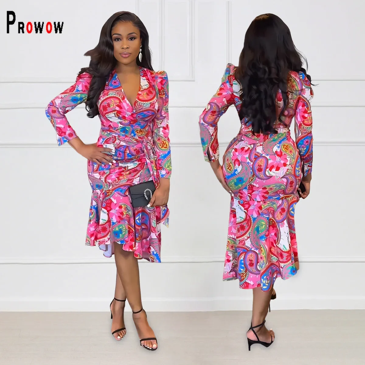 

Prowow Boho Flower Print Women Dress Long Sleeve V-neck Slim Fit Birthday Party Wear 2024 New Design Fall Female Clothing