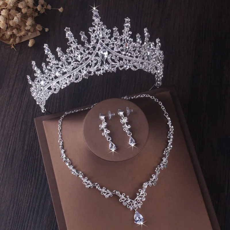 Jewelry Set Bridal Headwear Silver-Color Crystal Water Drop Rhinestone Tiara 4 Pcs