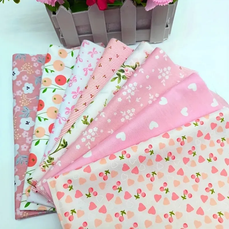 8-Piece Pink Floral Cotton Fabric Bundle - Pre-Cut for Sewing and DIY Crafts