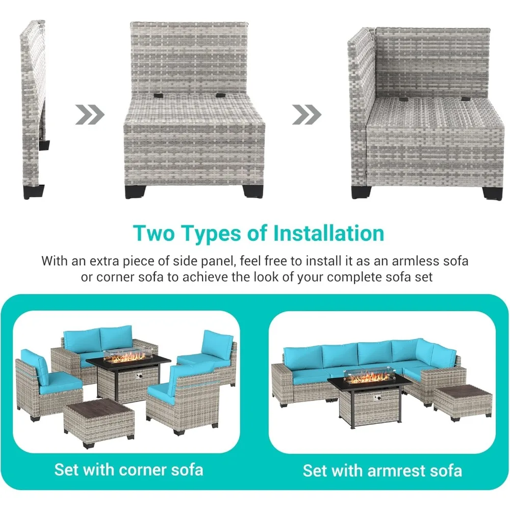 7-Piece Outdoor Patio Furniture Set with 55,000 BTU Fire Pit Table, PE Wicker Rattan Sectional Sofa Patio Conversation Set 3