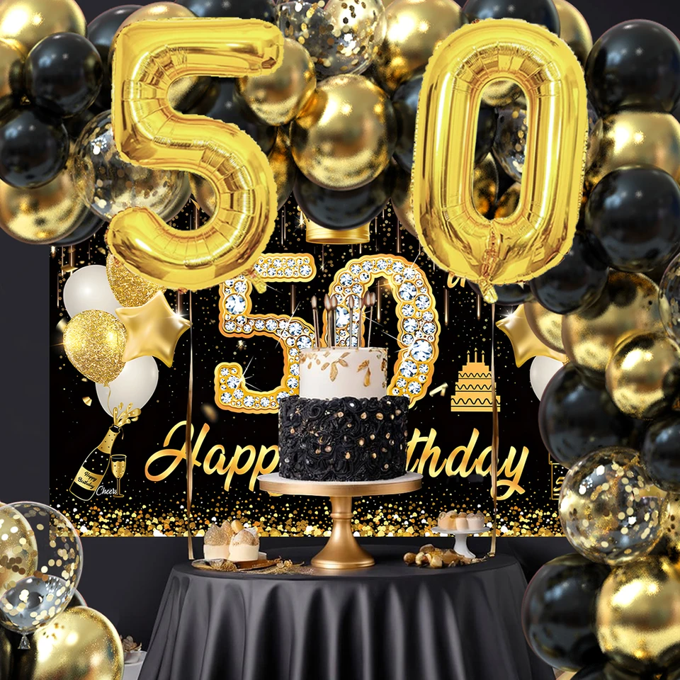 Set Decorazione Torta 50 Anni Oro - 17 Pezzi Per Compleanno Uomo E Donna Con Topper Palloncini, Candele E Scritte