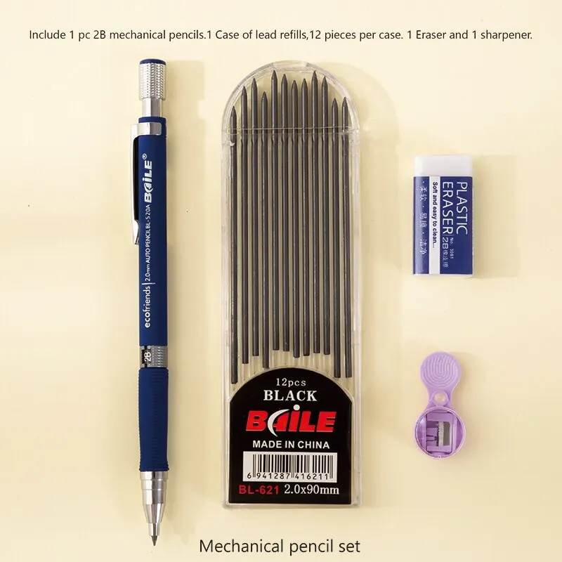 2.0mm Mechanical Pencil Set 2B Automatic Pencils With Black Lead Refills For Writing mechanical pencil set