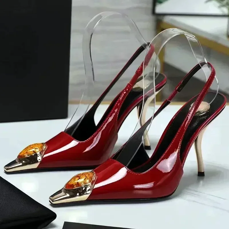 Luxury Metal Jewel Decoration Heels Women 2025 Sexy Pointed Toe Patent Leather Women Pumps Elegant Banquet High Heeled Sandals 2 Luxury Metal Jewel Decoration Heels Women 2025 Sexy Pointed Toe Patent Leather Women Pumps Elegant Banquet High Heeled Sandals - Image 2