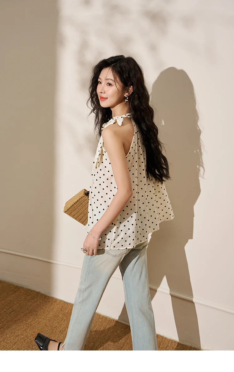MISHOW Polka Dot Tie Neck Hanging Sleeveless Chiffon Shirt
