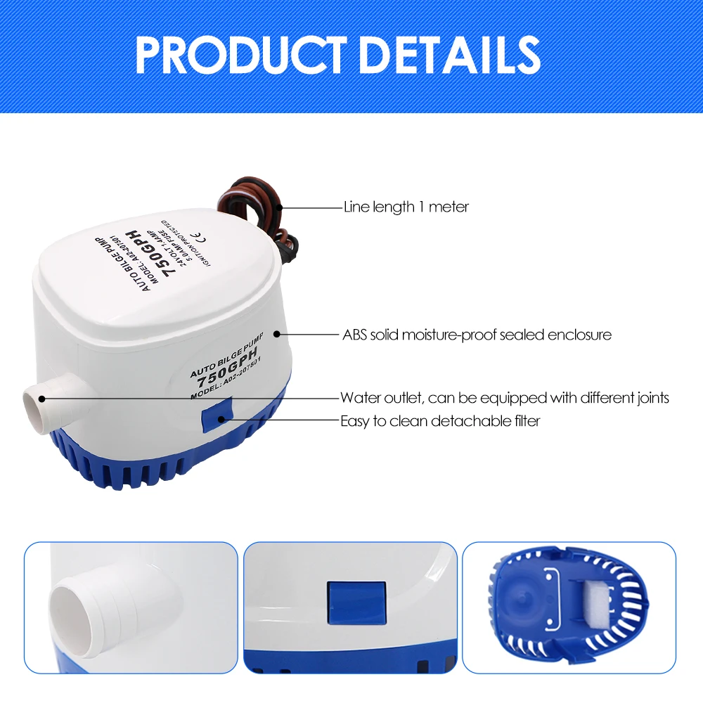 요트 해양 보트 및 태양광용 자동 빌지 펌프, DC 12V, 24V, 600, 750/1100 GPH, 수중 전기 펌프