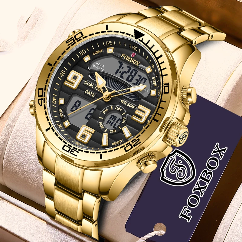 

2023 FOXBOX Digital Men Watch Electronic Male Clock Sports Waterproof Watches Stainless Steel Strap Wristwatch Relogio Masculino