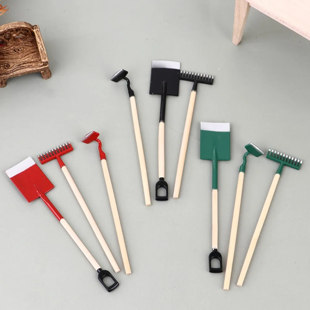 3Pcs 1:12 Dollhouse Dollhouse Miniatures Gardening Shovel Green/black/red Vintage Doll Farming Kits Mini DIY