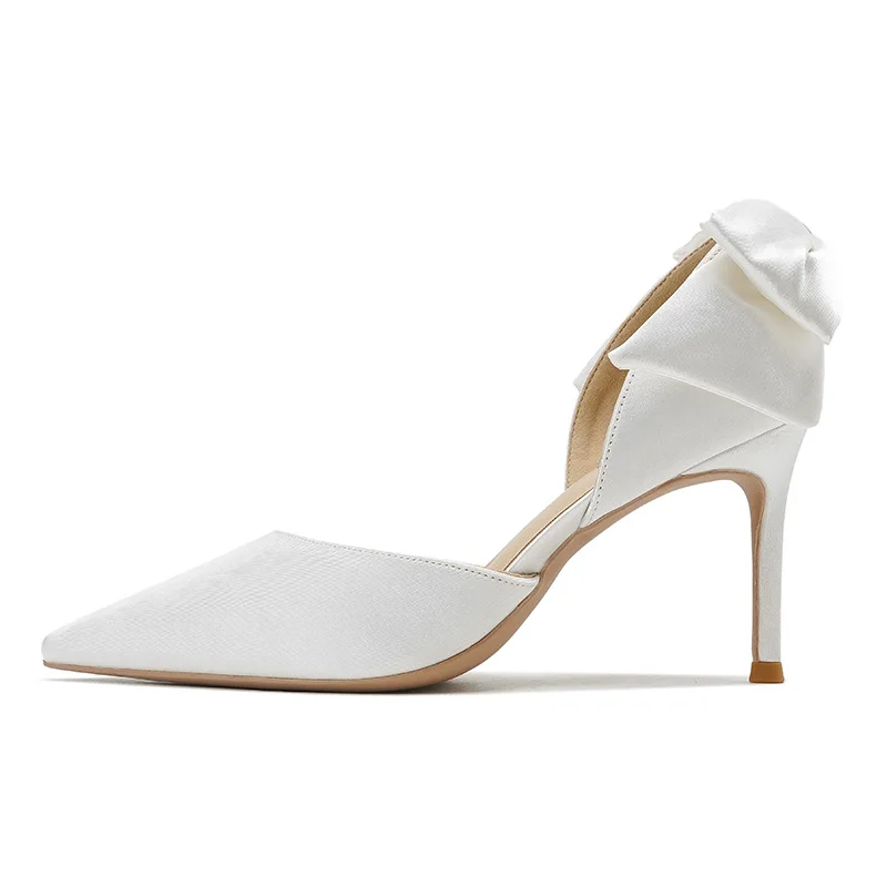 2022 New Solid Color Fashion Design Stiletto Bow Hollow Women's Wedding Shoes Women's Exquisite Shallow Mouth Satin High Heels 6