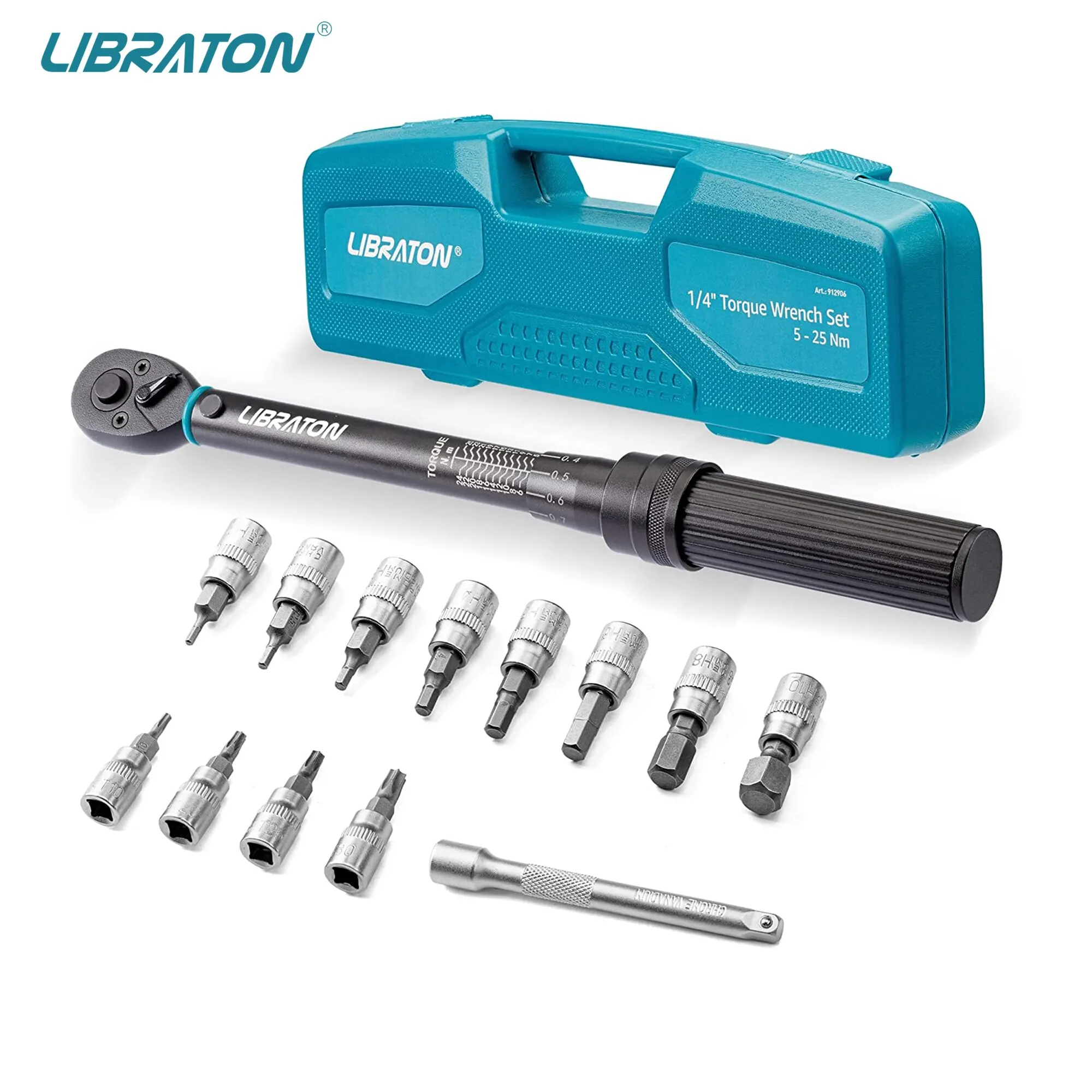 LIBRATON 자전거 토크 렌치 세트, 마이크로 드라이브 클릭 토크 렌치, 육각 Torx 비트 소켓, 익스텐션 바, 1/4 인치, 5  25Nm, 0.1 Nm