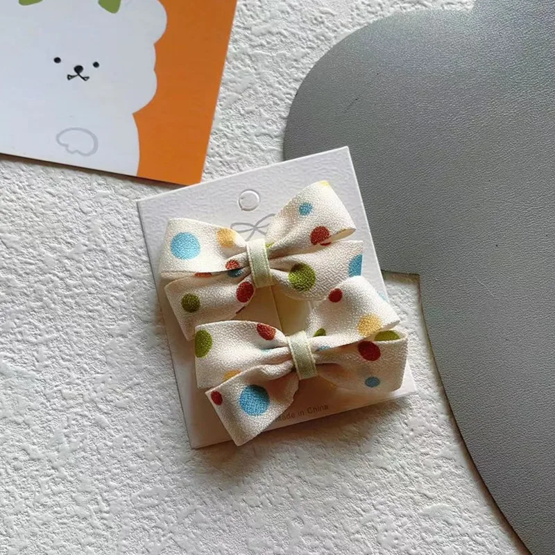 Korean 2Pcs Cute Children and Girls Hairpin Pink Polka Dot Plaid Small Bow Pair Bangs Edge Clip