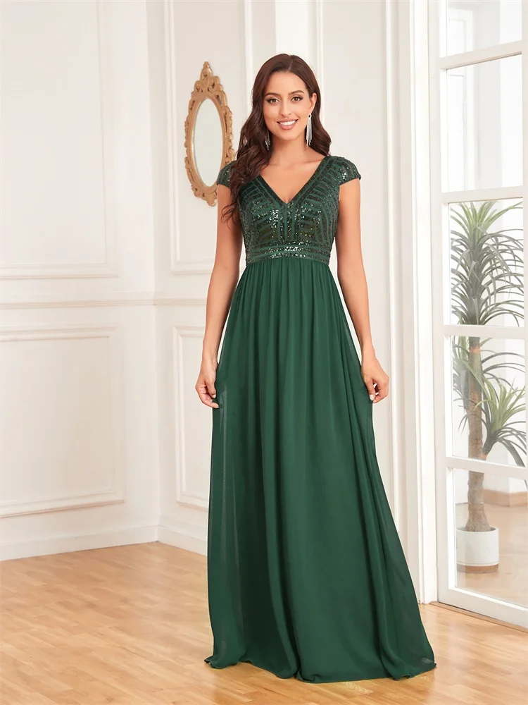 

XUIBOL Elegant Sequins Green Evening Dress Women V Neck Wedding Party Graduation Prom For Chiffon Cocktail Floor Lenght Gowns