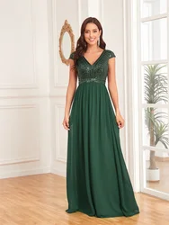 XUIBOL Elegant Sequins Green Evening Dress Women V Neck Wedding Party Graduation Prom For Chiffon Cocktail Floor Lenght Gowns