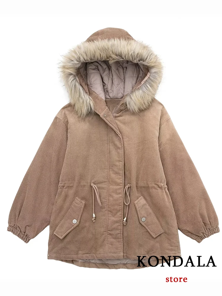 

Винтажная однотонная коричневая Свободная Женская верхняя одежда KONDALA, новая парка с длинным рукавом и капюшоном, зимняя куртка с мехом, теплая плотная модная Вельветовая куртка