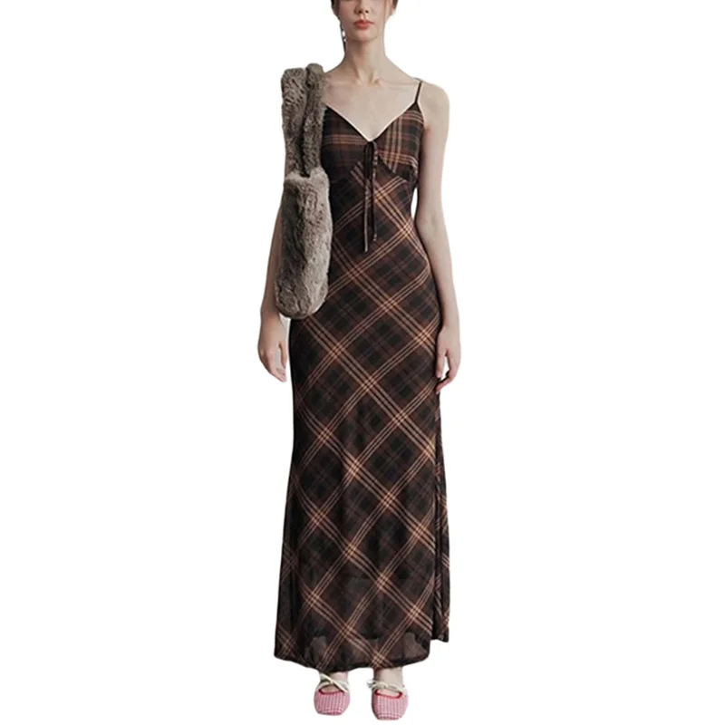 y2k Plaid Dress Women Vintage Clothes V Neck Spaghetti Strap Sleeveless Side Split Long Desses Going Out Party Dresses