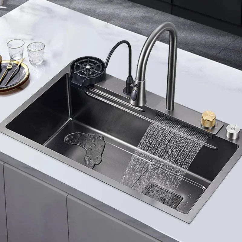 

Large Multiple Size Black Grey Nano Kitchen Sink Wash Basin Waterfall Single Bowl Topmount Undermount Faucet Drain