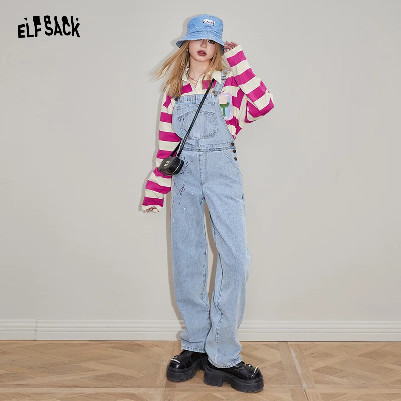 ELFSACK Light colored wide leg shoulder strap pants for women's 2024 spring new casual age reducing straight leg slimming denim