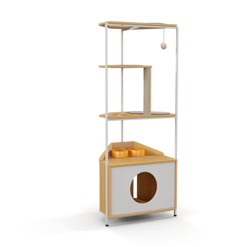 Corner Cat Tower, Cat Tree Scratching Post Condo with Feeding Station and Climbing Platforms Pet Furniture for Indoor Cats