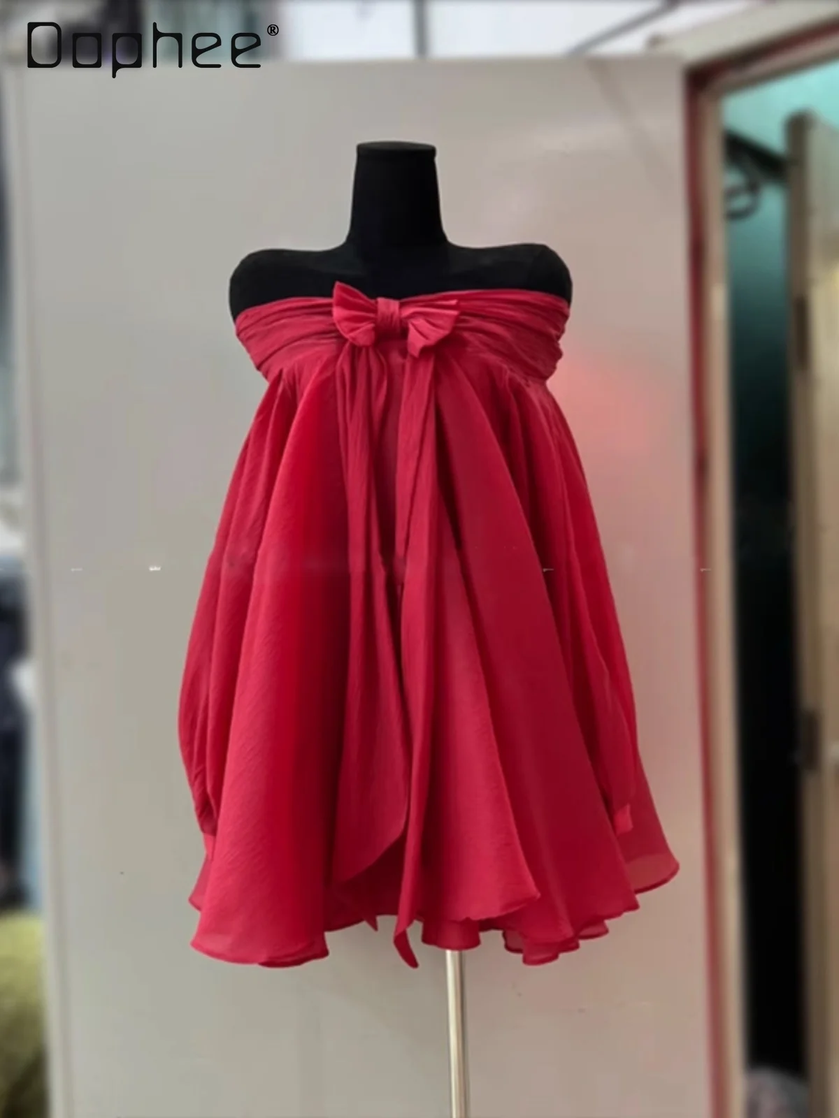 

French Sweet Bowknot Off-Shoulder Red Mini Dress 2024 Spring New High-End Beautiful Sleeveless Short Dresses Female Vestidos