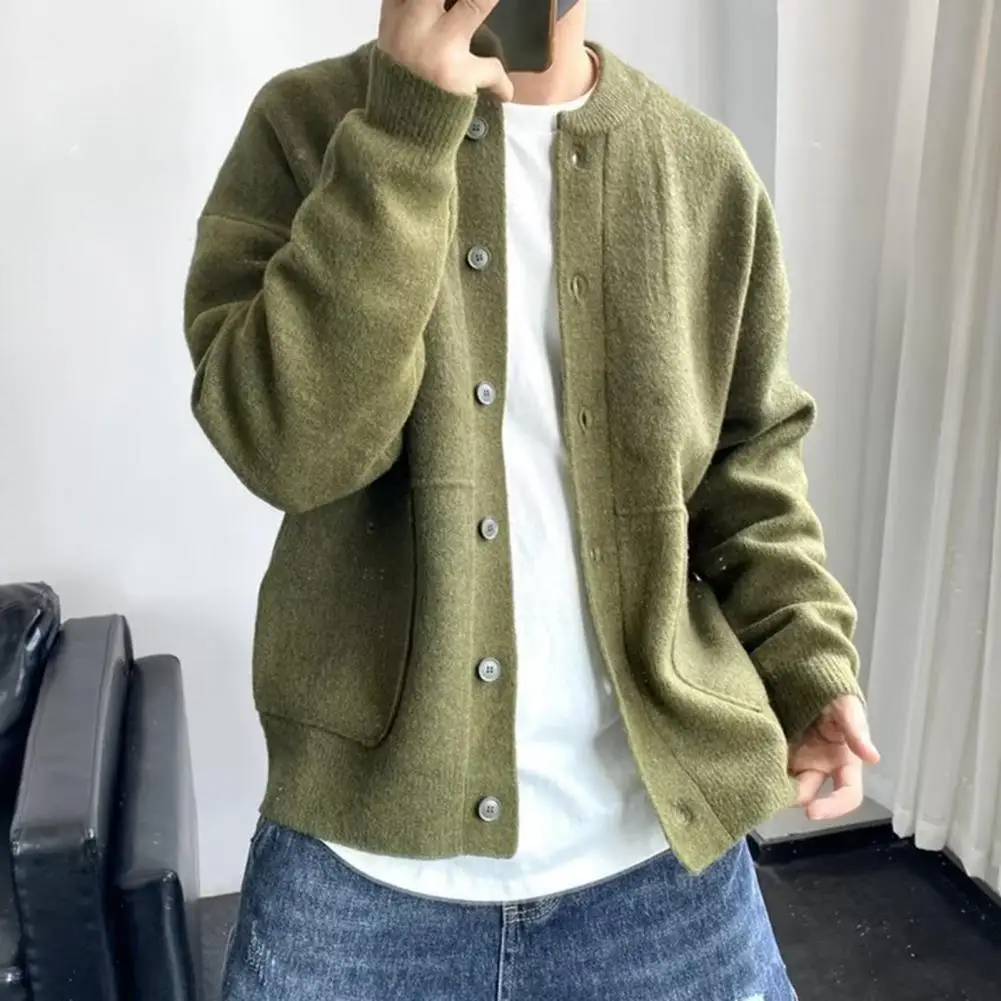 Men Sweater Coat Round Neck Single-breasted Solid Color Long Sleeve Knitted Thick Pockets Warm Men Cardigan Sweater Knitwear