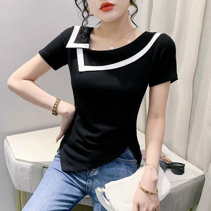 

2023 Summer Korean Style Cotton T-Shirt Women Chic Sexy Skew Collar Irregular Cross Tops Short Sleeve Color Blocking Tees 35188