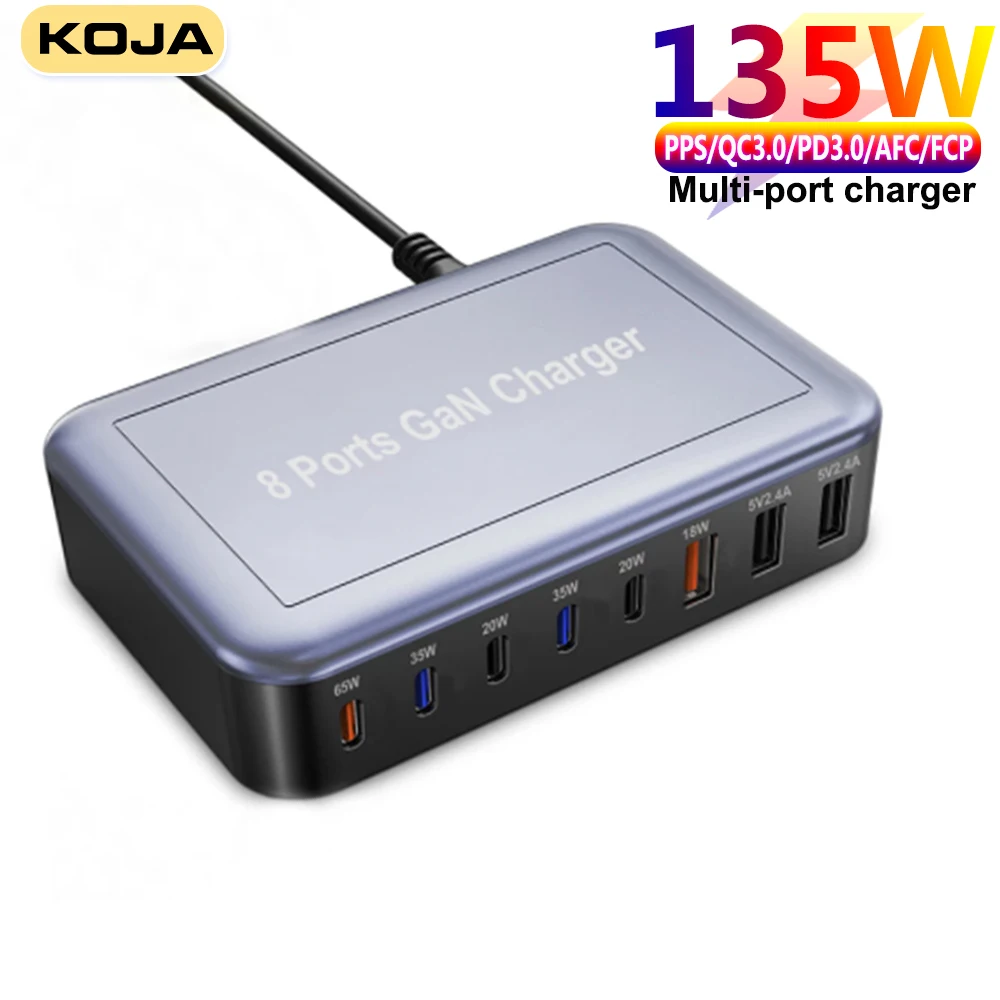 

135W GaN Charger 8-Port USB C Fast Charging Station Power Adapter PD 65W 35W PD3.0 18W QC3.0 For MacBook IPhone 14 Samsung Phone