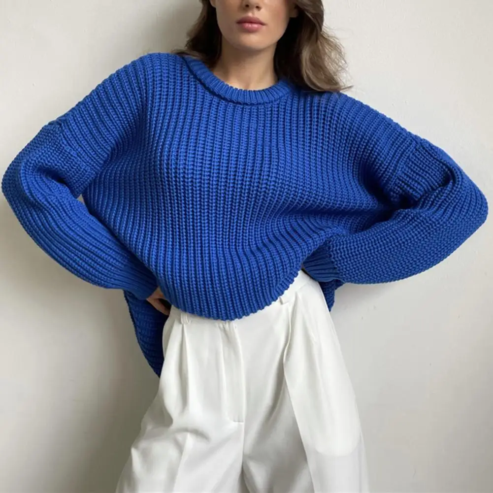 

O-Neck Long Sleeves Ribbed Trim Coarse Yarn Sweater Jumper Winter Solid Color Loose Warm Pullover Sweater Female Clothing свитер