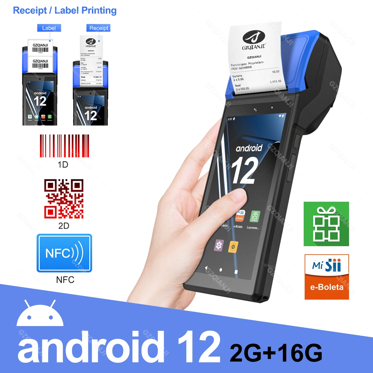 thumbnail image 1 of Terminal POS portátil Android 13/8.1 3G 4G con impresora térmica de 58 mm, escáner 1D 2D, lector NFC, RAM 3 GB, ROM 32 GB, dispositivo móvil, 1 of 5