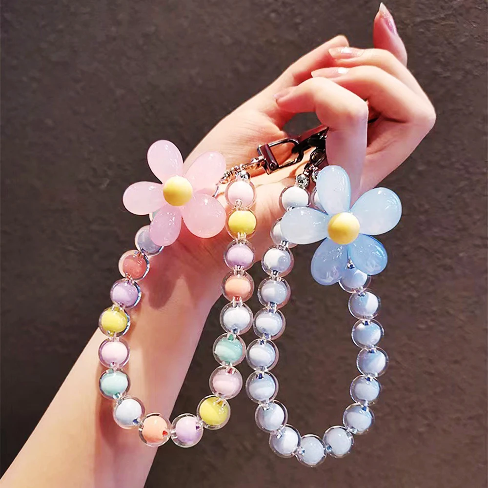 Phone Charm Colorful Lanyard Bow Heart Beaded Bracelet Flower Butterfly Pearl Mobile Phone Wrist Strap Acrylic Anti-Lost Chains
