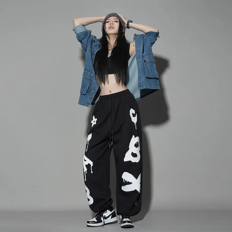 Hip Hop Vintage Women Loose Wide Leg Pants Spring Summer New Thin Letter Elastic Waist Dance Streetwear Sports Casual Trousers