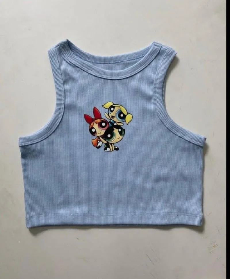 

Pure cotton vest for women's summer personality DIY cartoon print sleeveless round neck suspender top for external wear
