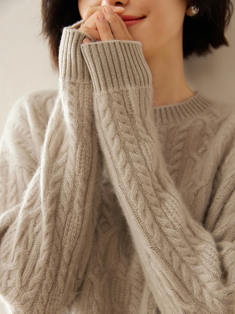 New Chic Women Cashmere Cable Knit Sweater O-neck Pullover Autumn Winter Thick Long Sleeve 100% Cashmere Knitwear Vintage Style 6