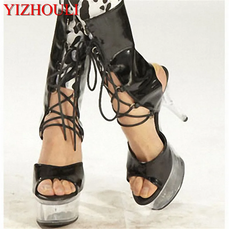 

15cm high heels/low tube stage banquet using ankle boots shoes, model pole dancing show transparent soles dance shoes