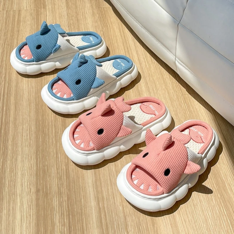 Four Seasons Women Shark Linen Slippers Men Cute Animal Sandals Adults Indoor Bedroom Cartoon Slides Couples Outdoor Flip Flops 2