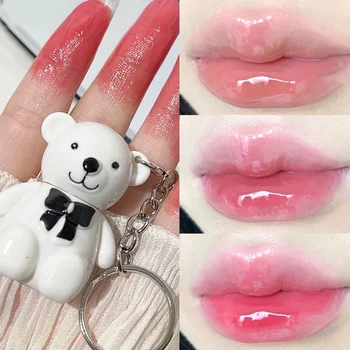 귀여운 곰 매트 립 머드 미러 레드 핑크 키체인 액체 립스틱, 방수 오래 지속되는 립 글레이즈 화장품, 휴대용 립글로스