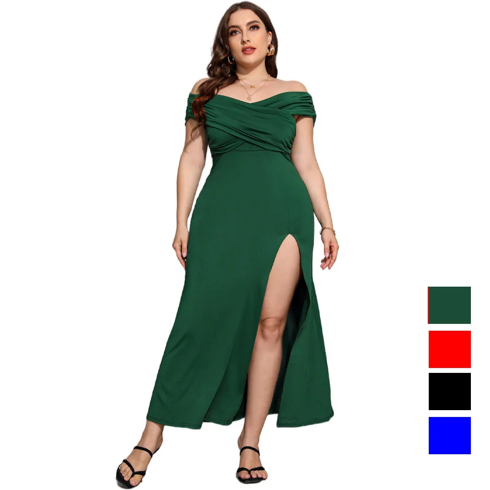 

Summer Off Shoulder Women Evening Party Long Dress Female Large Short Sleeve Split Maxi Dresses For Ladies Plus Size 3XL 4XL 5XL