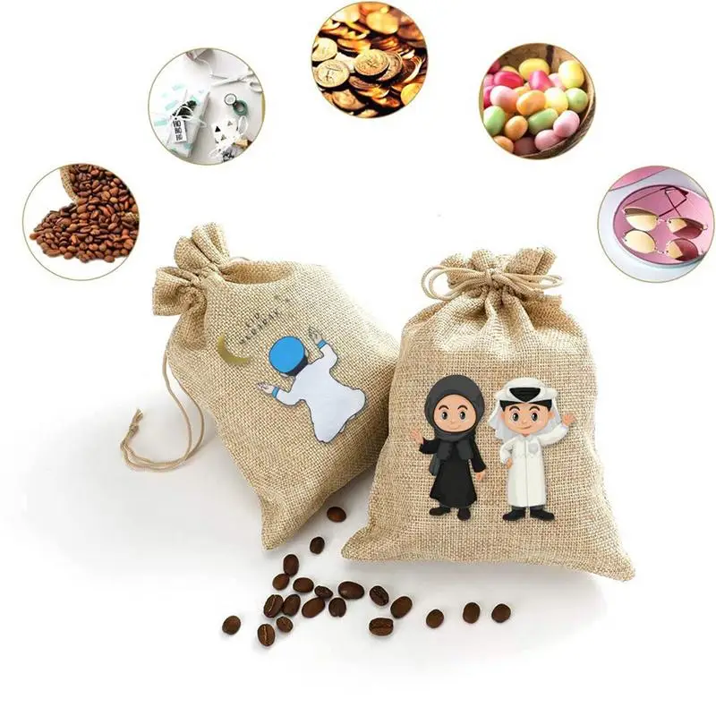 24pcs Ramadan Gift Bags 15x10cm Eid Mubarak Drawstring Linen Bag   chocolate candy storage pouch for Islam Muslim Party Favor