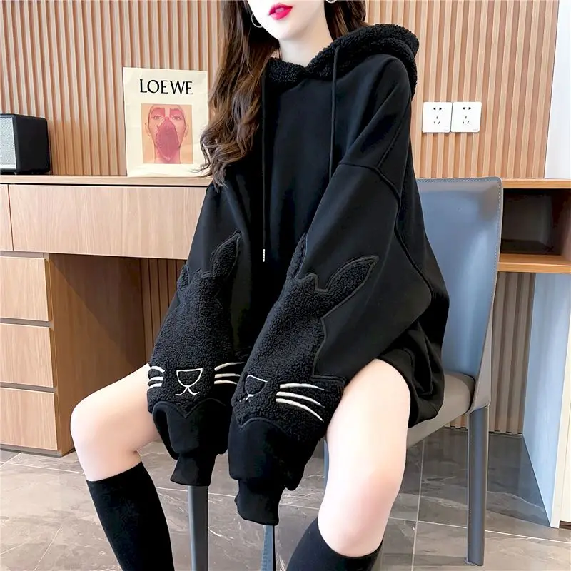 

Womens Hoodies Casual Fashon Hoodie 2023 Winter Plus Velvet Thicken Hooded Jackets Women Loose Design Cute Tops Womens Clothing